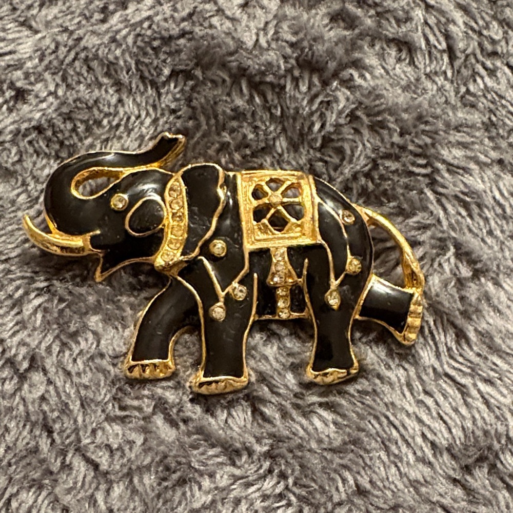 Elegant Black and Gold Vintage Enamel Elephant Brooch Trunk Up Elephant Pin